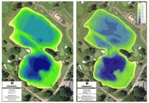 Color shaded depth map showing the pre-dredge (left) and post-dredge (right) lake depths.