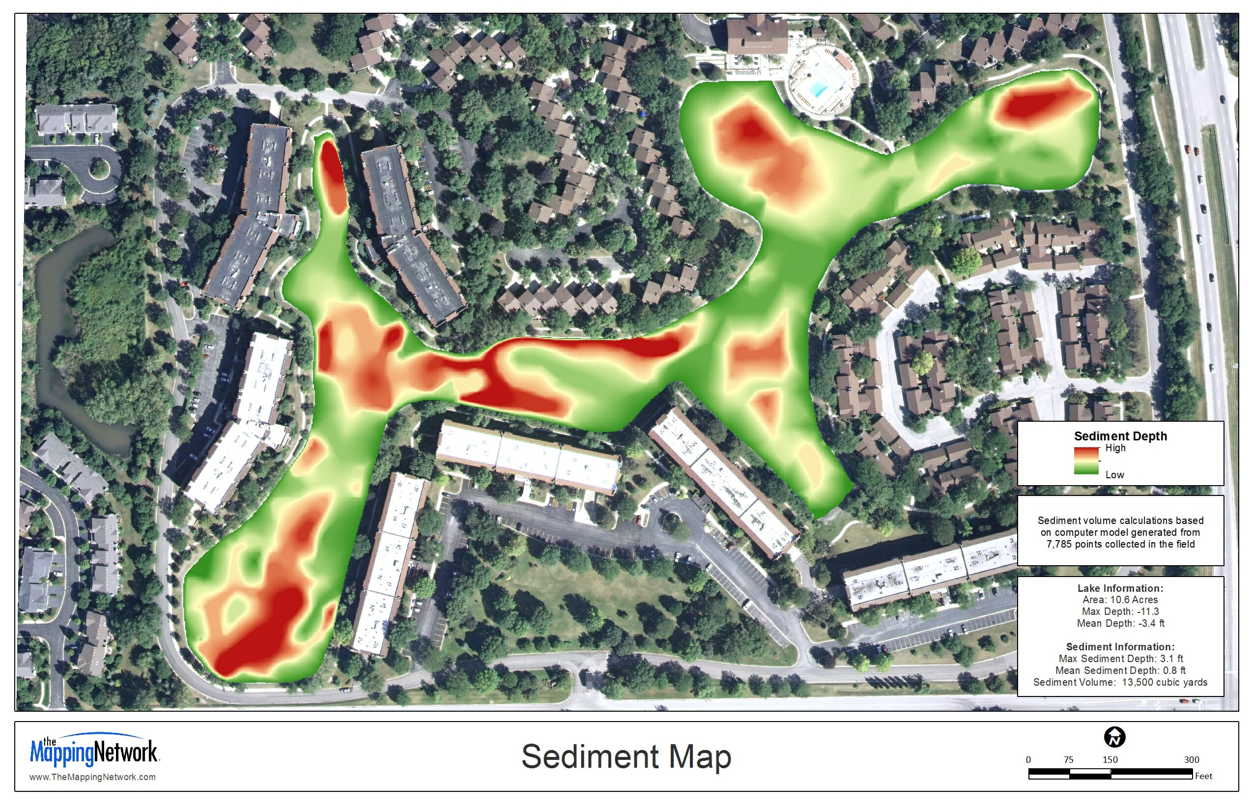 A color-shaded sediment map created by The Mapping Network.  Our automated sediment mapping system can precisely locate problems areas needing to be dredged.  Knowing exactly where to remove sediment not only saves the client money, but protects the envinoment by only distrurbing a small area.