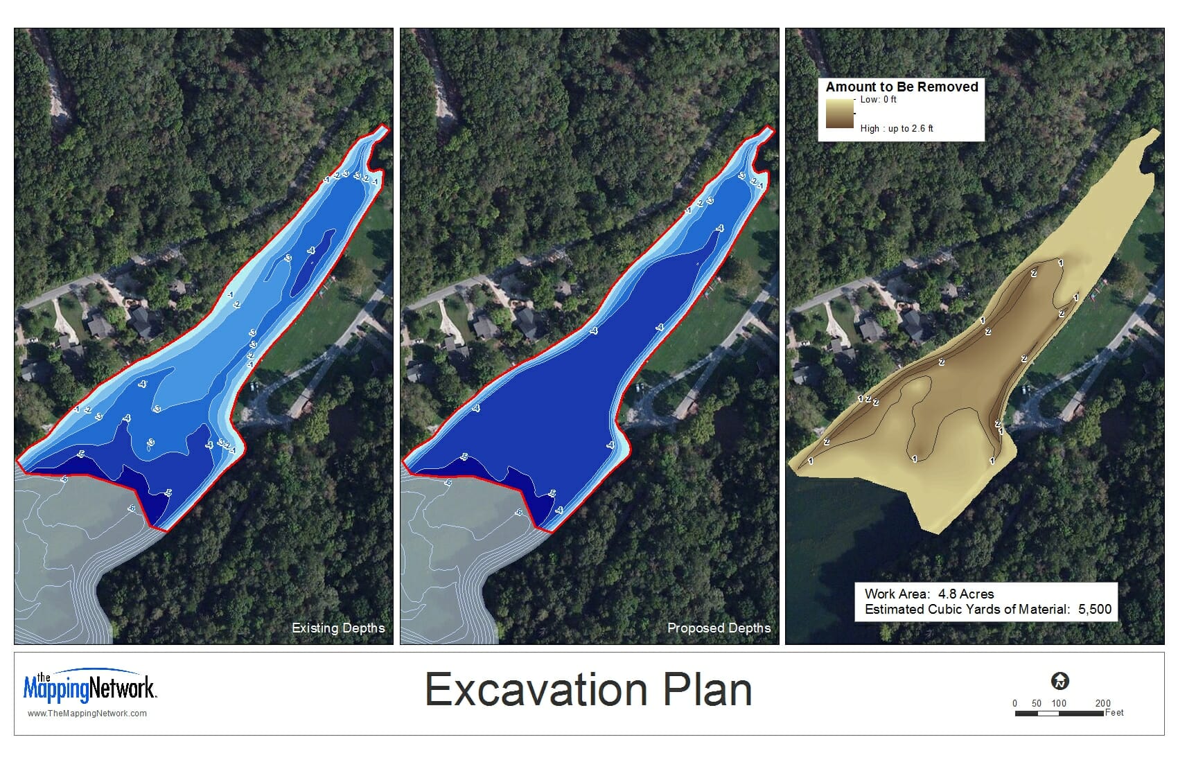 In the maps abover, the HOA needed the depths of the cove to be a minimum of 4 foot for boat access.  Mapping Network located the areas where the current depth was less than four feet, which was the dredging zone.  The Mapping Network calculated the dredging area and volume.  The current lake bathymetry (left) and the post-dredge contours (middle)are shown in blue shading. A cut-fill model (right) shows areas of cut needed to reach the goal.