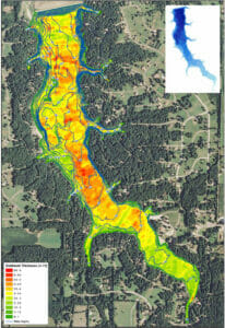 The Mapping Network surveyed the bottom of the lake including the sediment depths. This map shows the lake water depth as blue contours lines as well as a color shaded sediment thickness. This specialized technology allows the POA to easily locate problem areas.