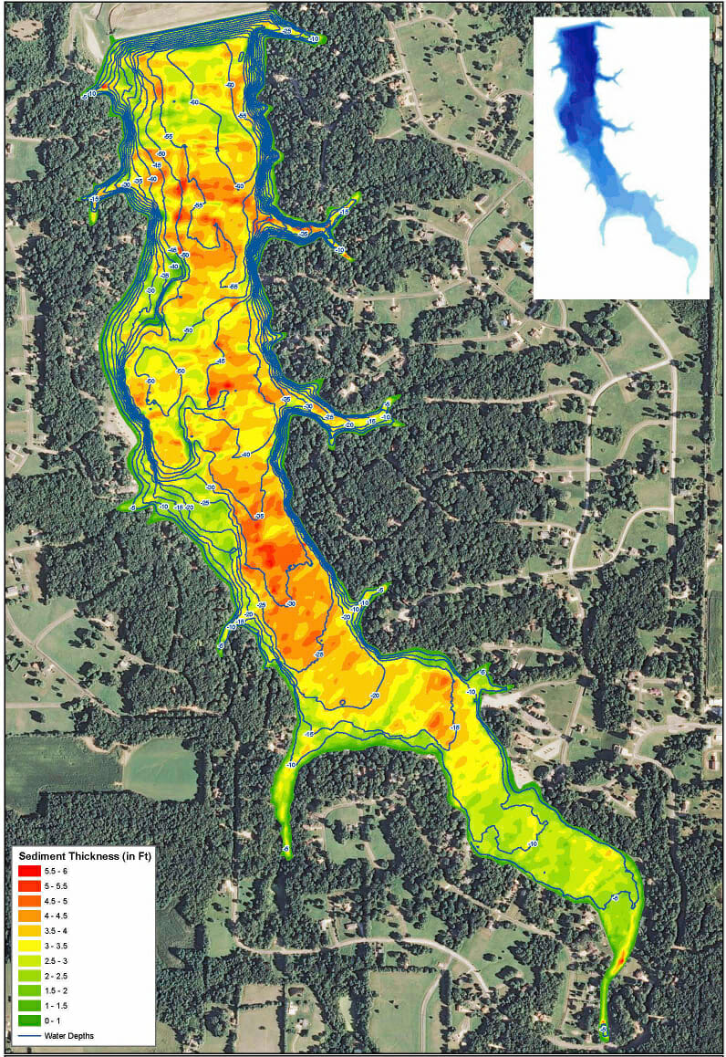 The Mapping Network surveyed the bottom of the lake including the sediment depths.  This map shows the lake water depth as blue contours lines as well as a color shaded sediment thickness.  This specialized technology allows the POA to easily locate problem areas.