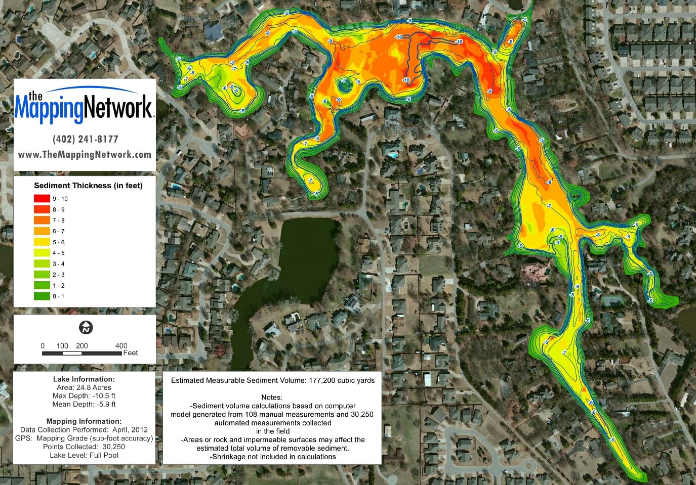     The Mapping Network surveyed the bottom of the lake including the sediment depths. This map shows the lake water depth as blue contours lines as well as a color shaded sediment thickness. This specialized technology allows the POA to easily locate problem areas.