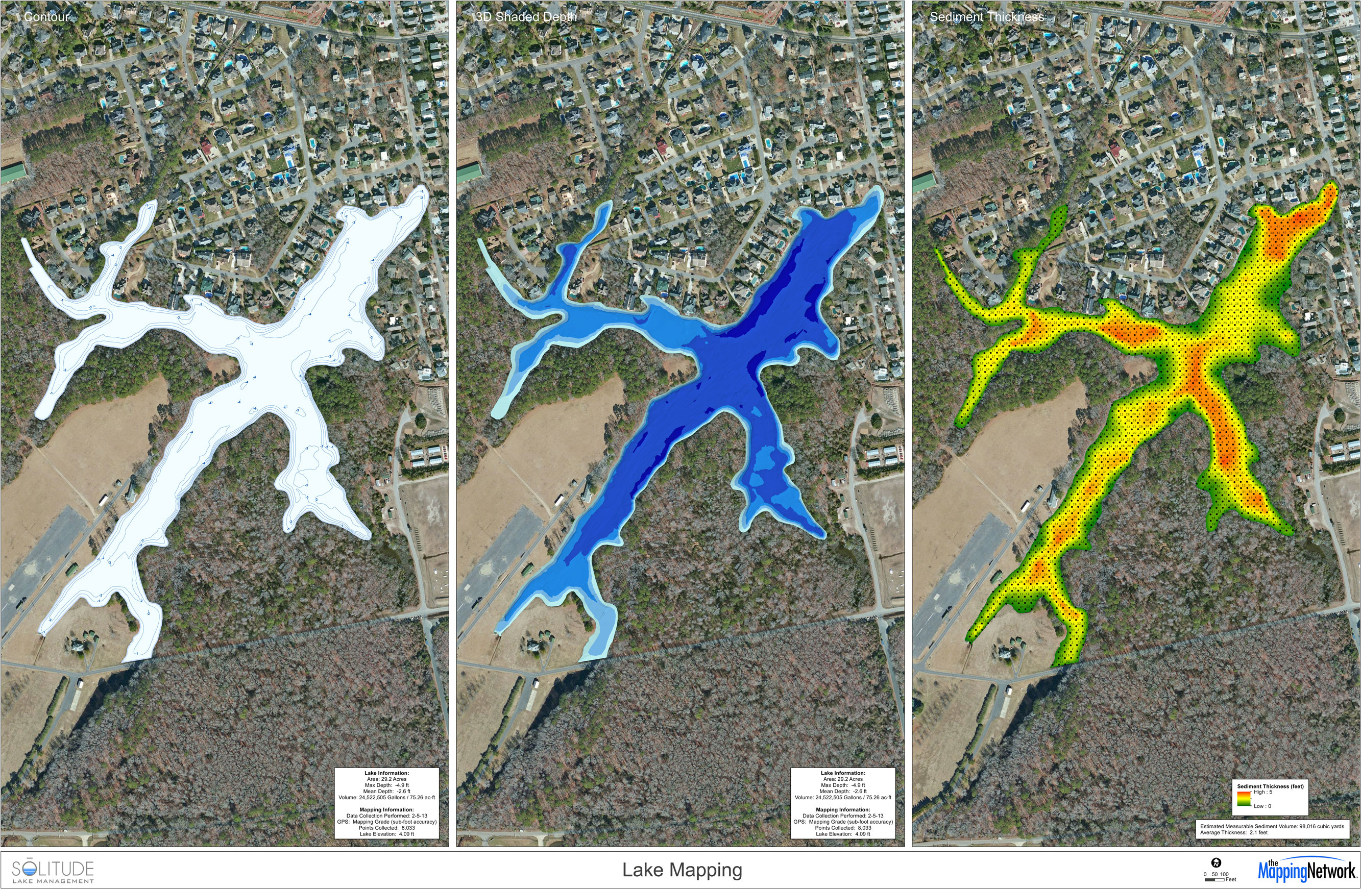 Lake contours, 3D shaded depth and sediment thickness.