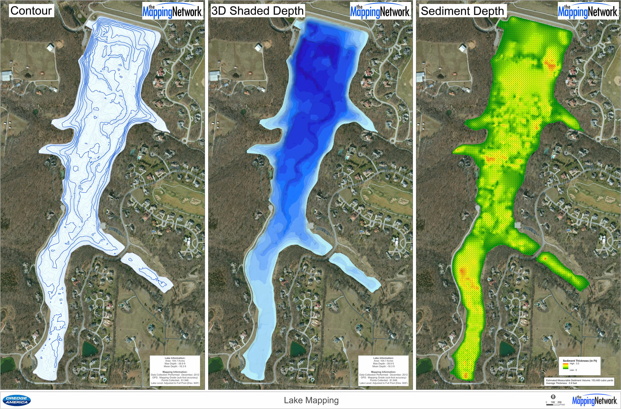 A lake surveyed by The Mapping Network included creating a contour and 3D shaded depth map of the current lake depths.  Also a sediment thickness map of the entire lake was generated. 