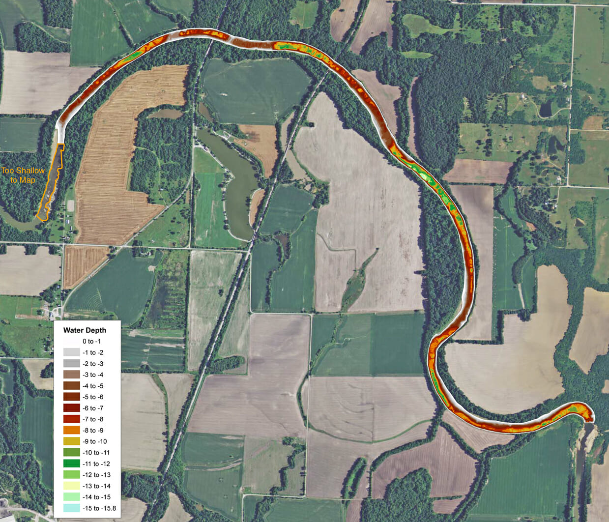 Mapping the water depths to calculate water volume in a Kansas River