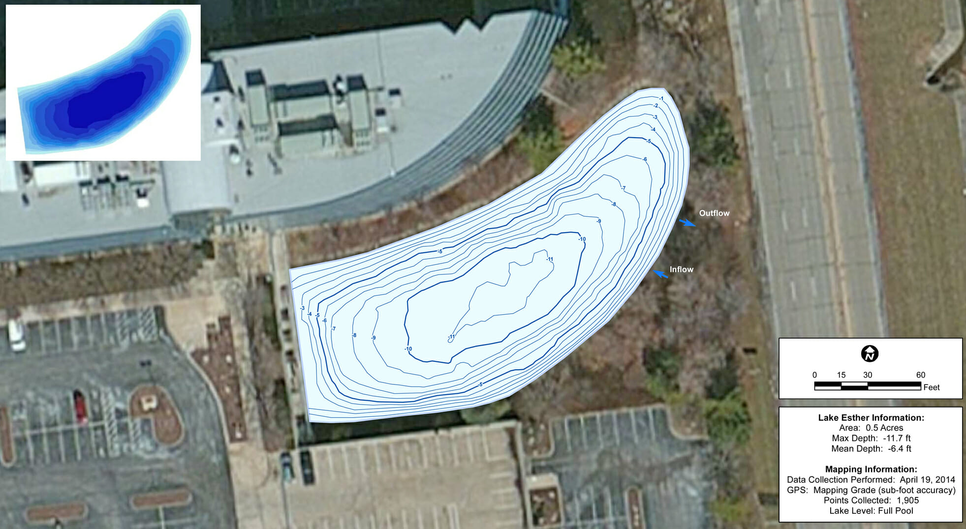 One foot Contour lines showing depth of the pond.  Inflow and Outflow are noted.