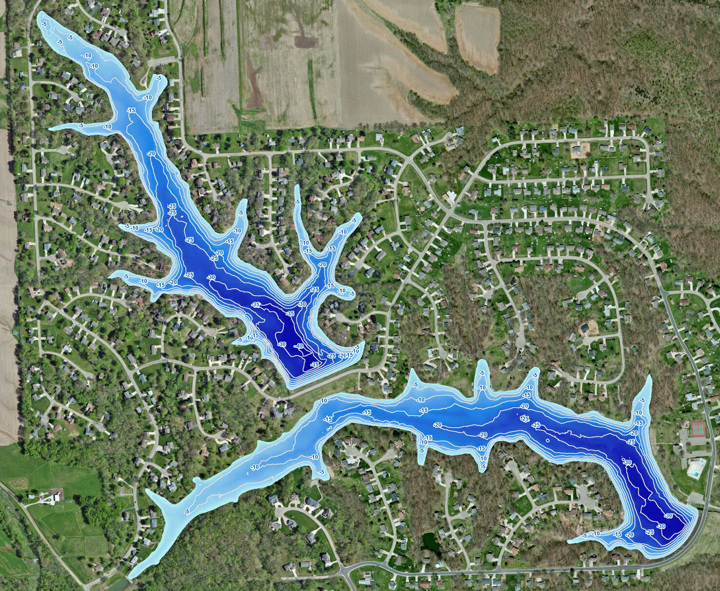 Water depth of both lakes shown as contour lines and is also color-shaded.