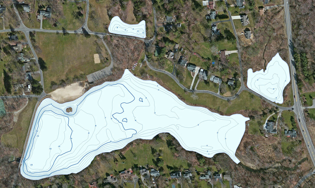 Contour map of water depths for main lake and two ponds