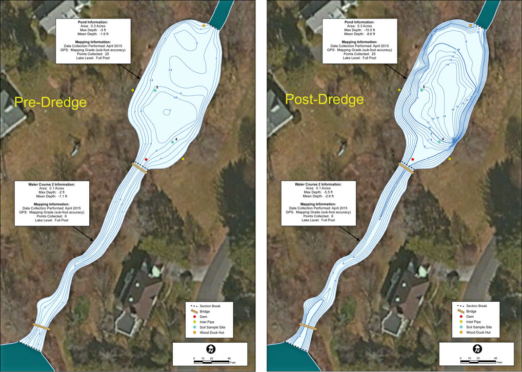 The map on the left shows the current water depths in the pond.  The map on the right shows what the pond will look like once the soft sediment is removed